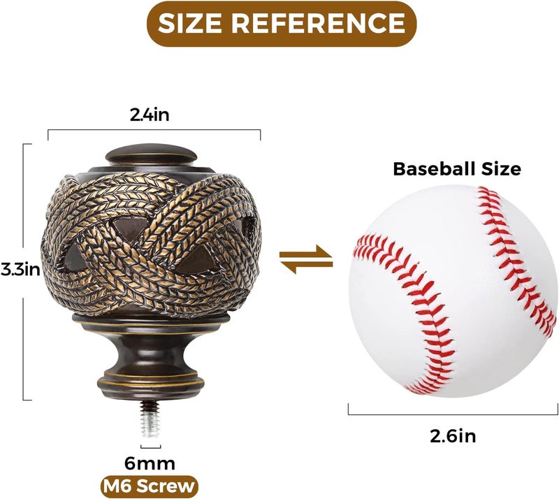 USFOOK Window Treatment Finials for 1 or 7/8 Inch Curtain Rods, Bronze Drapery Rods Replacement Finials with M6 Screws, Woven Leaf Pattern, 2 Pack - Image 4